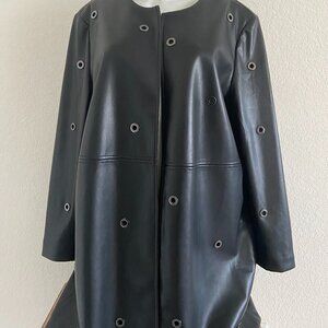 Chic Women's Black Faux Leather Trench Jacket w/Fossil Gray Metal Rings: Size XL